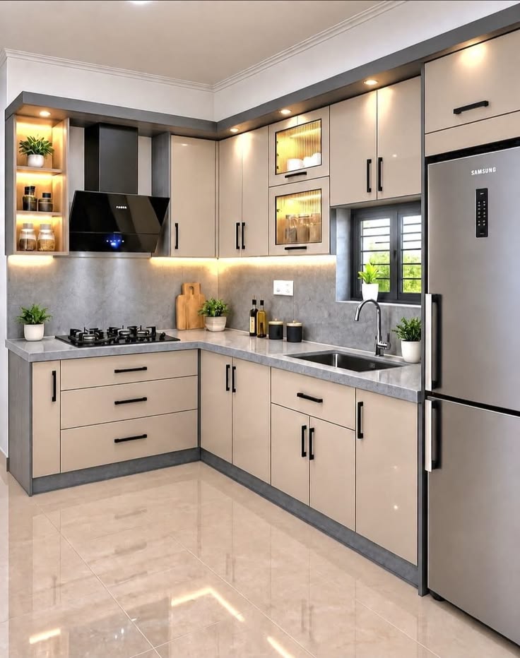 Neutral modular kitchen with functional corner storage