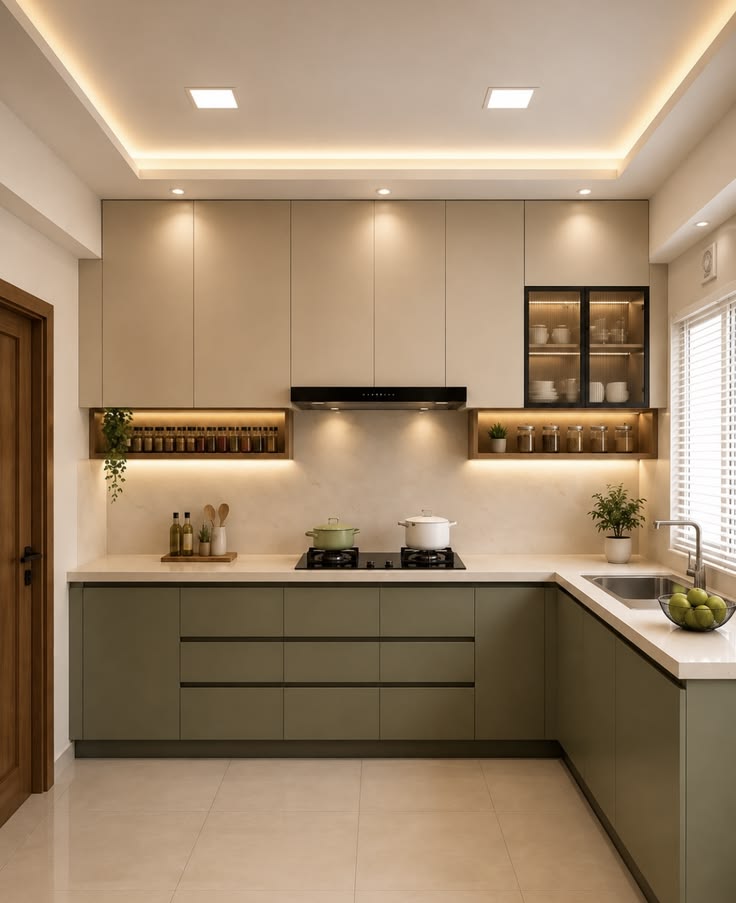 Olive modular kitchen with illuminated shelves and quality hardware
